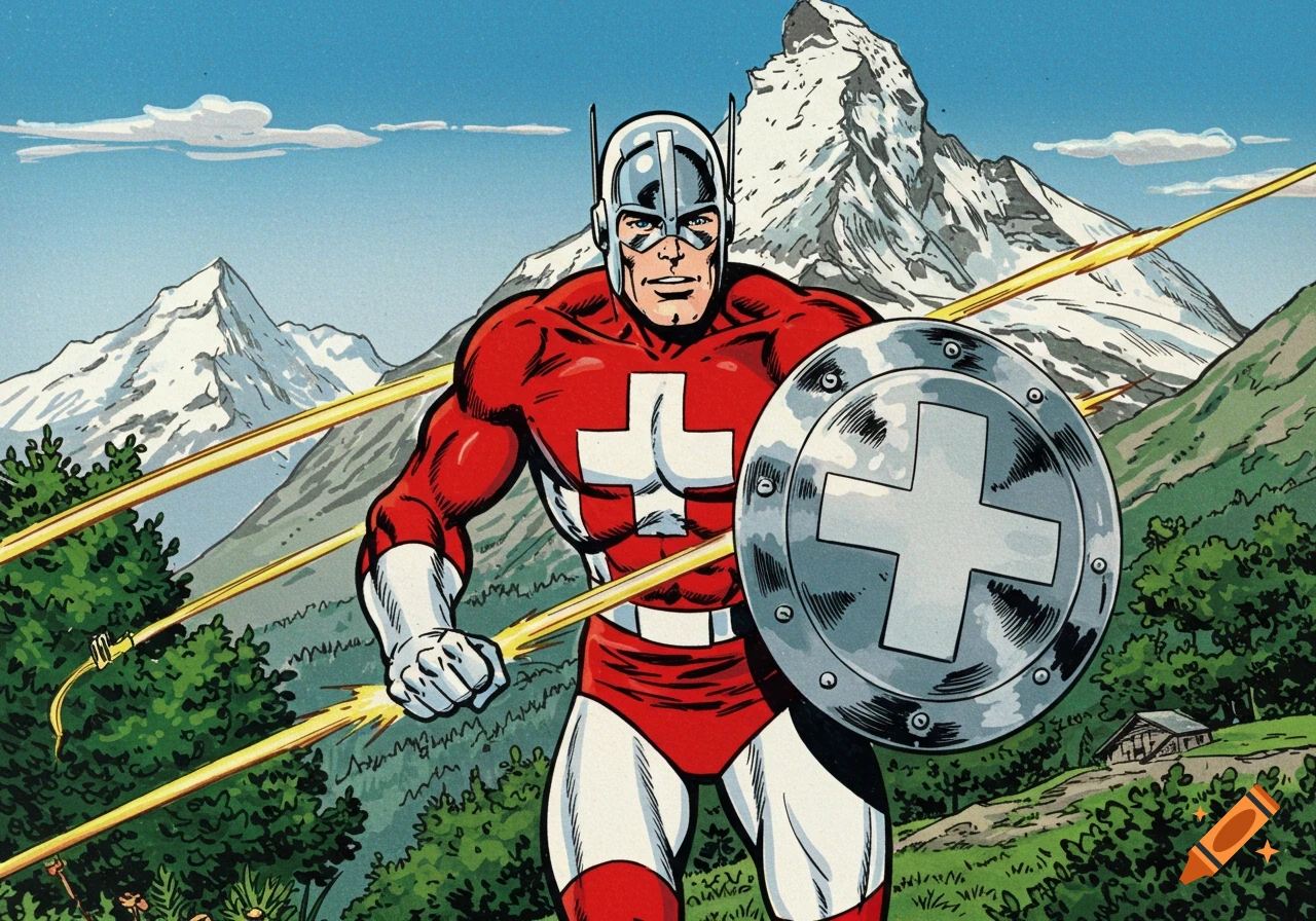 Captain Switzerland superhero in red and white suit with shield, standing in front of snowy mountains with energy beams, comic book art.