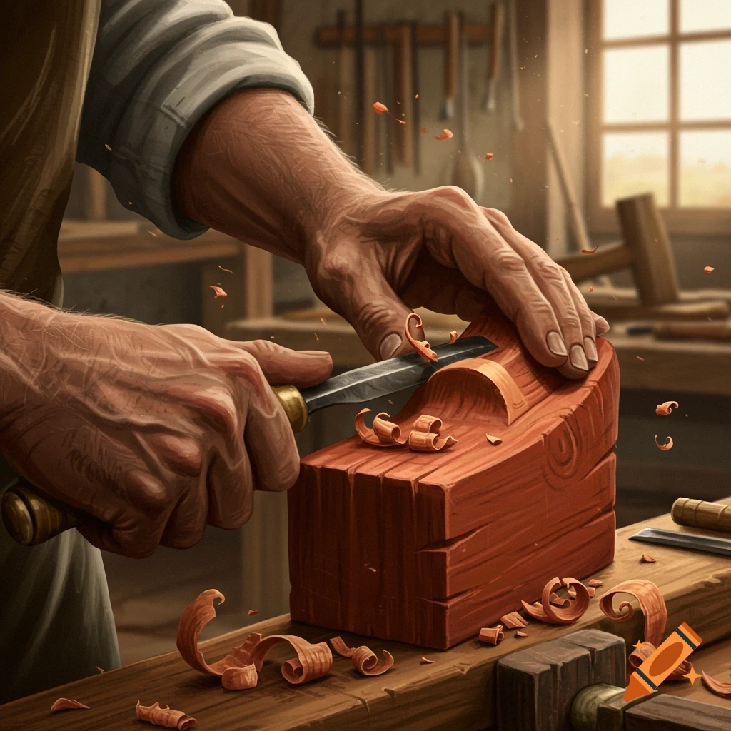 Close-up of a person's hands carving a wooden clog with a chisel, surrounded by wood shavings in a sunlit workshop.