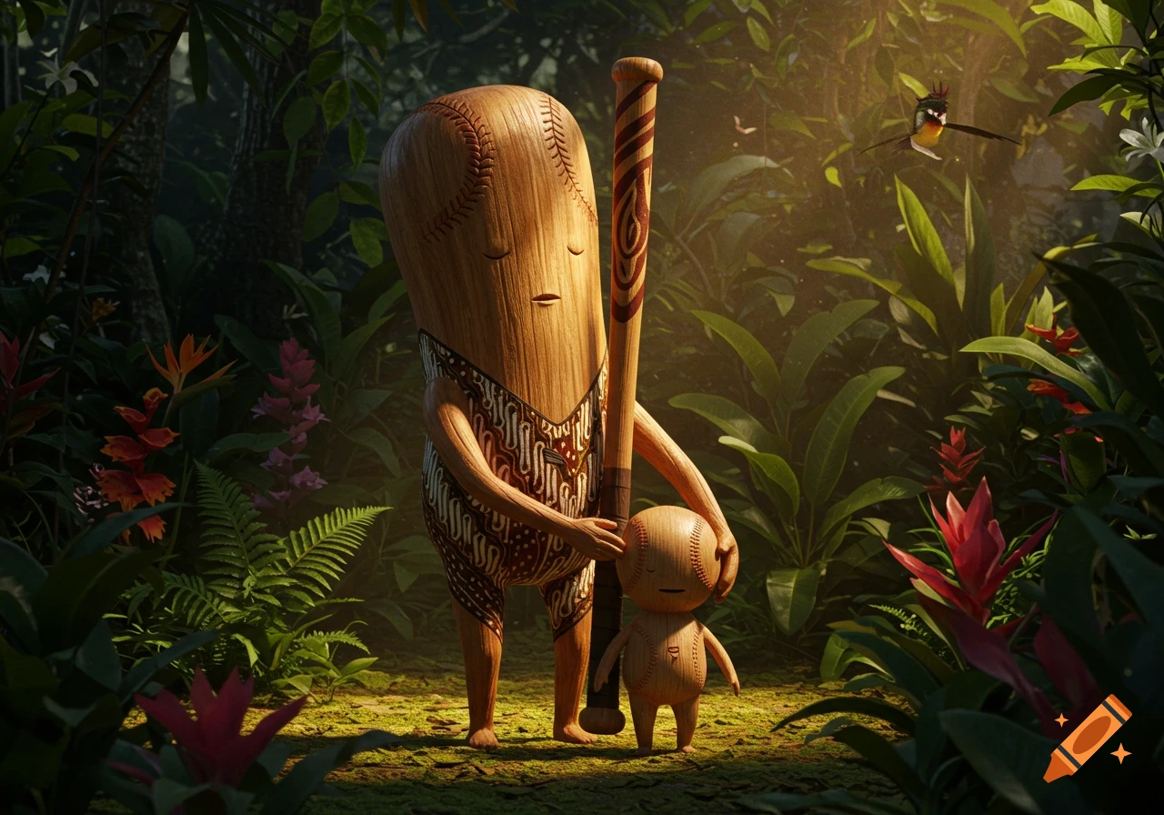 A large, stylized wooden baseball bat figure with a patterned cloth holds a smaller baseball figure in a sunlit, lush jungle.