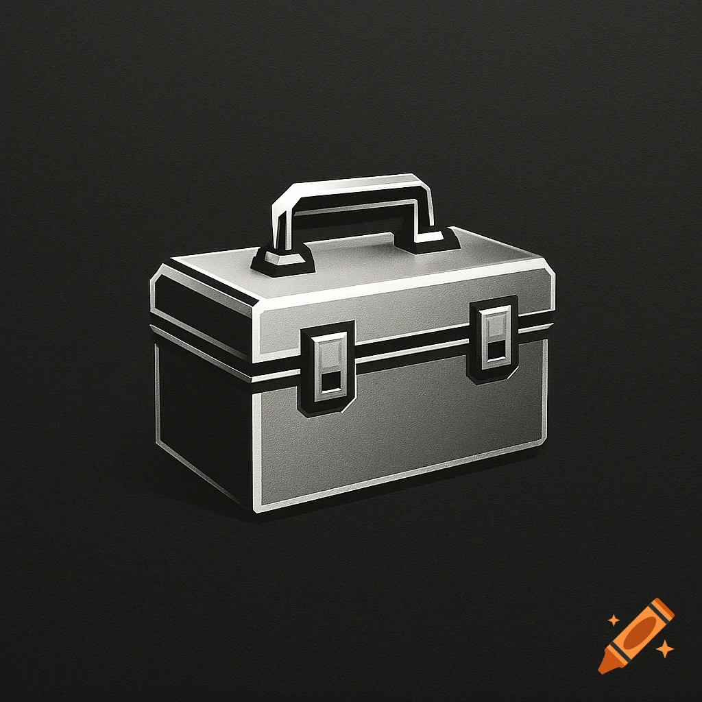 A stylized metallic toolbox icon on a dark, textured background.