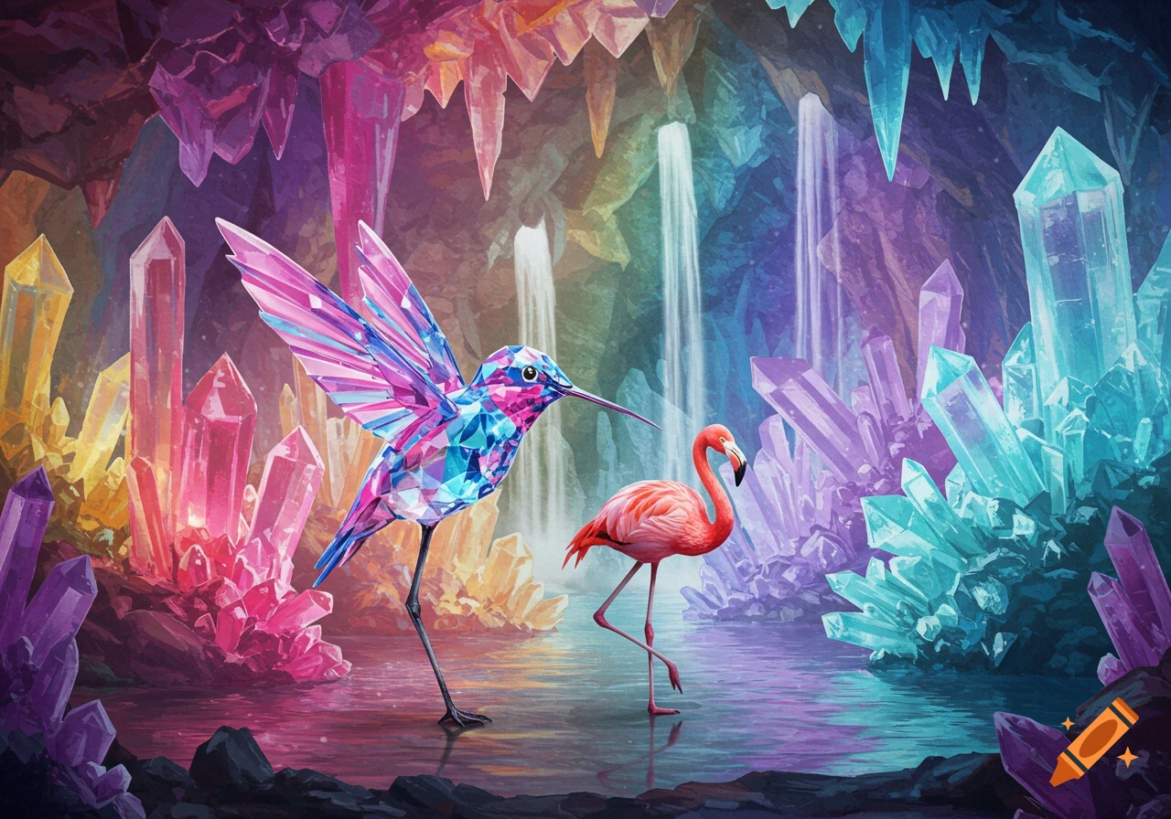 A vibrant, crystal hummingbird and a pink flamingo stand in a shimmering rainbow crystal cave with glowing waterfalls.