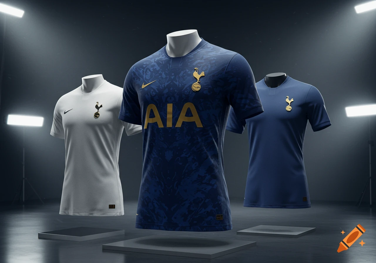 Three Tottenham Hotspur football jerseys, white, dark blue 'AIA', and light blue, on mannequins in a studio.