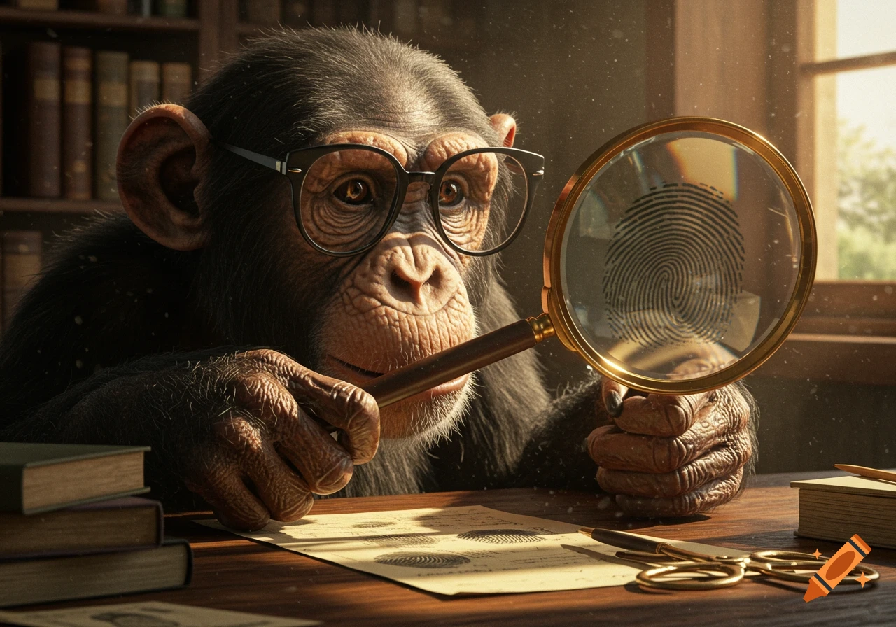 Photorealistic chimpanzee wearing glasses, examining fingerprints on a paper with a magnifying glass at a wooden desk.