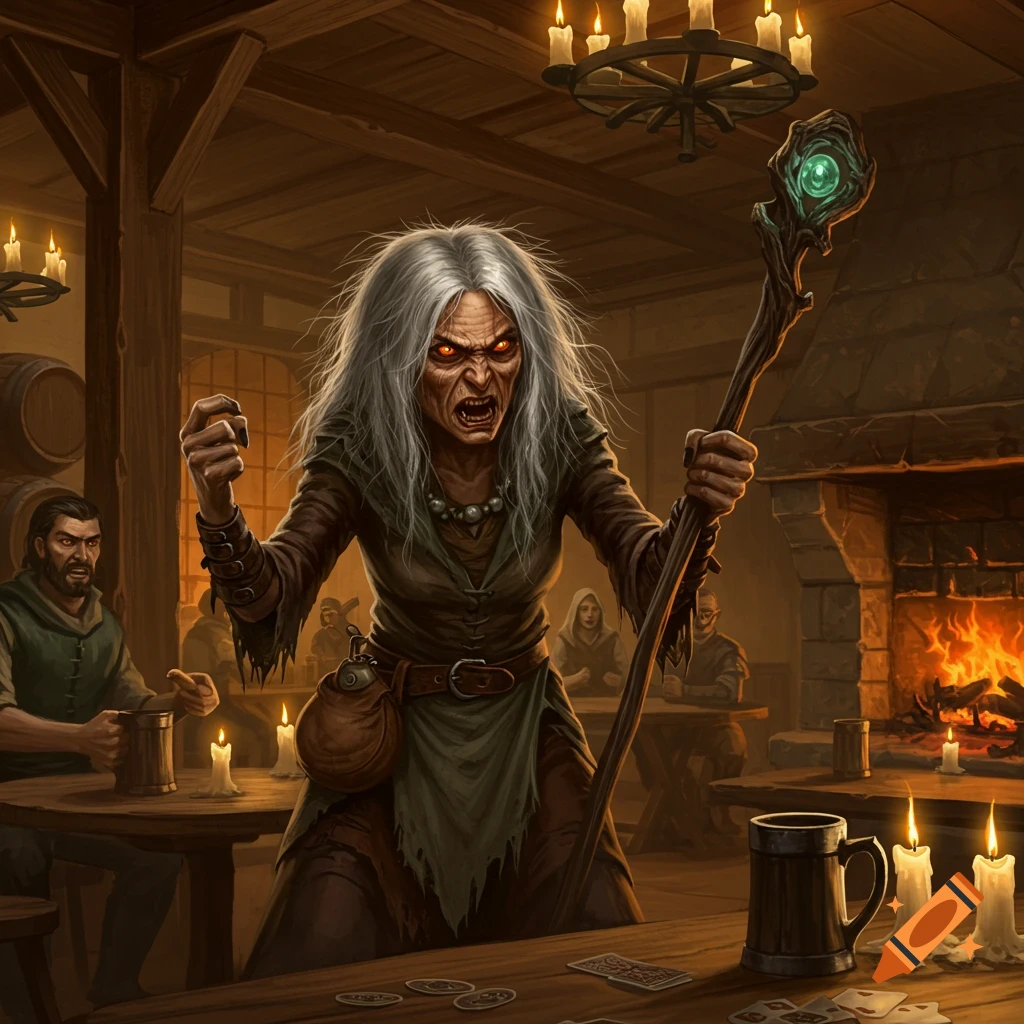 An angry hag with white hair and glowing eyes yells, raising a fist and holding a magical staff in a dimly lit medieval tavern.