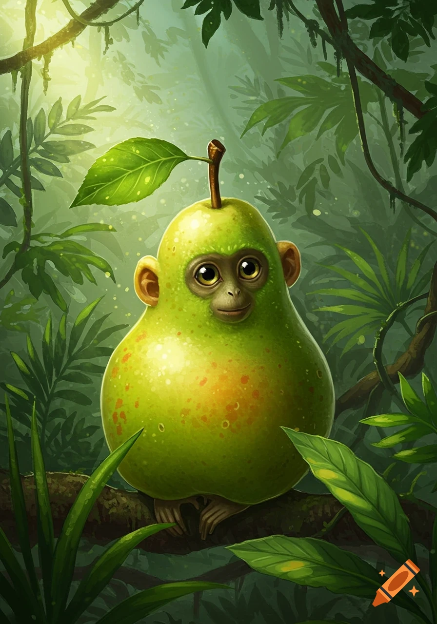 A cute, green pear-shaped monkey with large eyes sits on a tree branch in a lush, sunlit jungle.