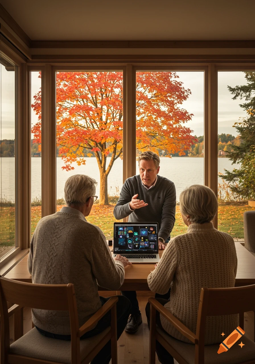 A man teaches two older adults about AI images on a laptop, overlooking a serene lake and vibrant autumn tree through large windows.