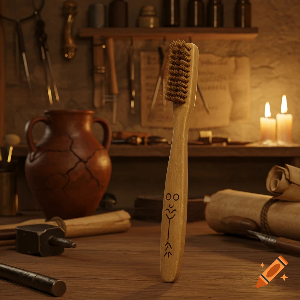 A rustic wooden toothbrush with a carved face stands on a cluttered antique workbench, illuminated by candlelight, surrounded by old tools, scrolls, and a cracked ceramic pot.