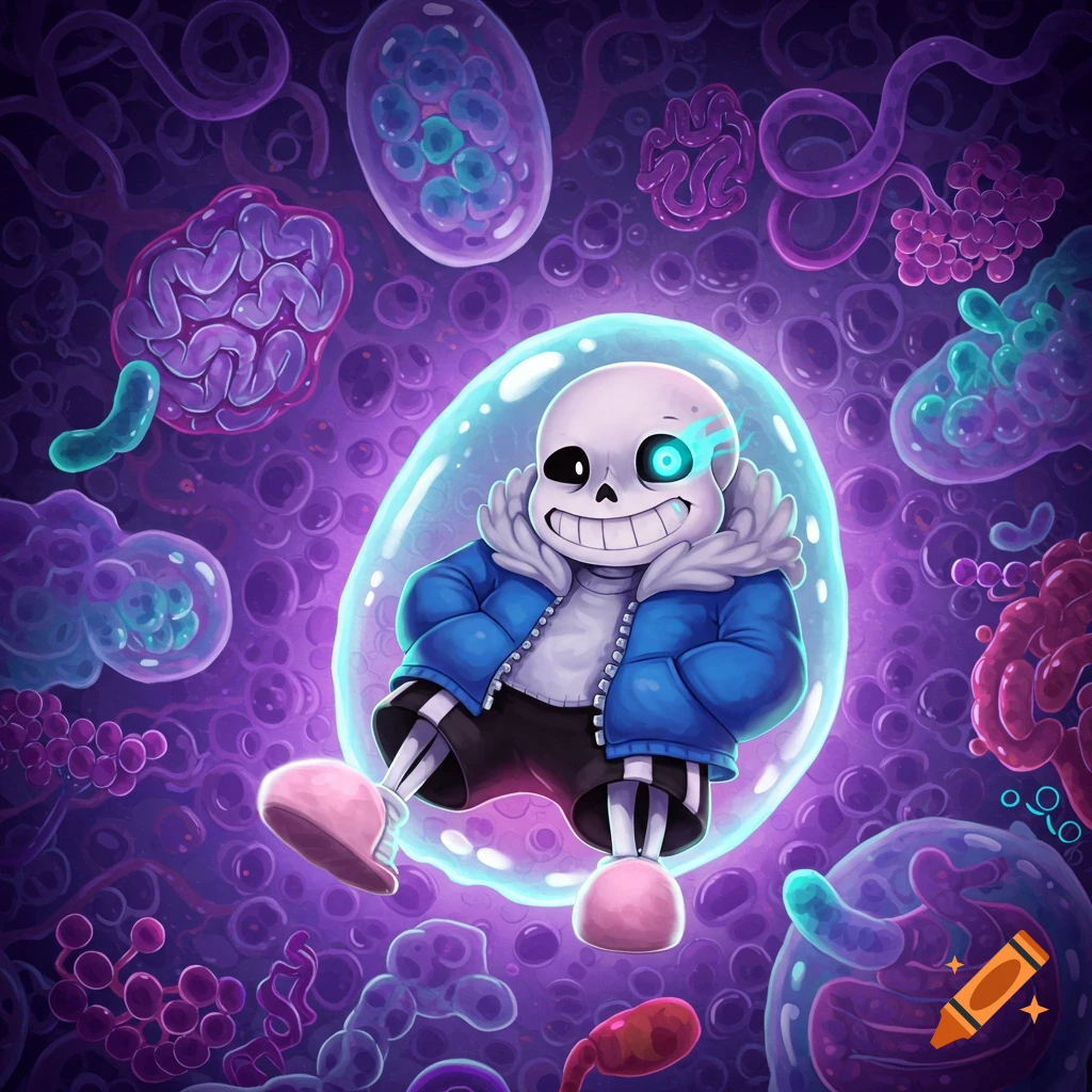 Sans from Undertale smiling inside a clear bubble, surrounded by glowing purple and blue microscopic cellular structures in a cartoon style.