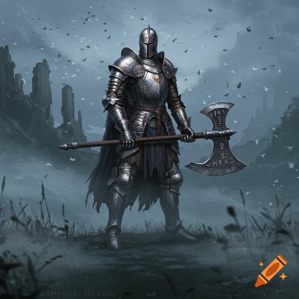 A knight in full silver plate armor holds a double-bladed greataxe in a misty, ruined landscape, dark fantasy art style.
