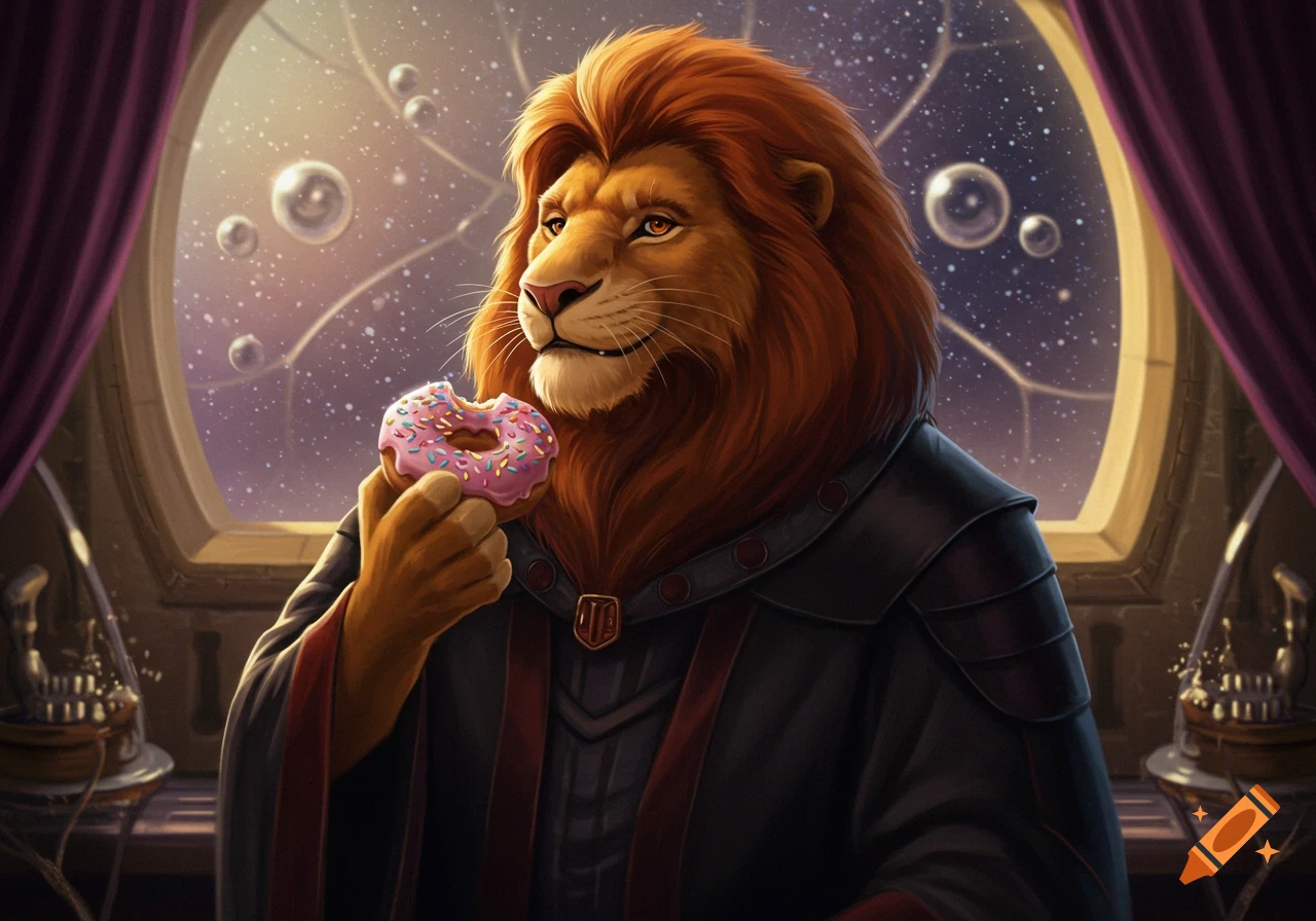 A regal anthropomorphic lion in a dark robe eats a pink donut, looking out a window at a starry sky.