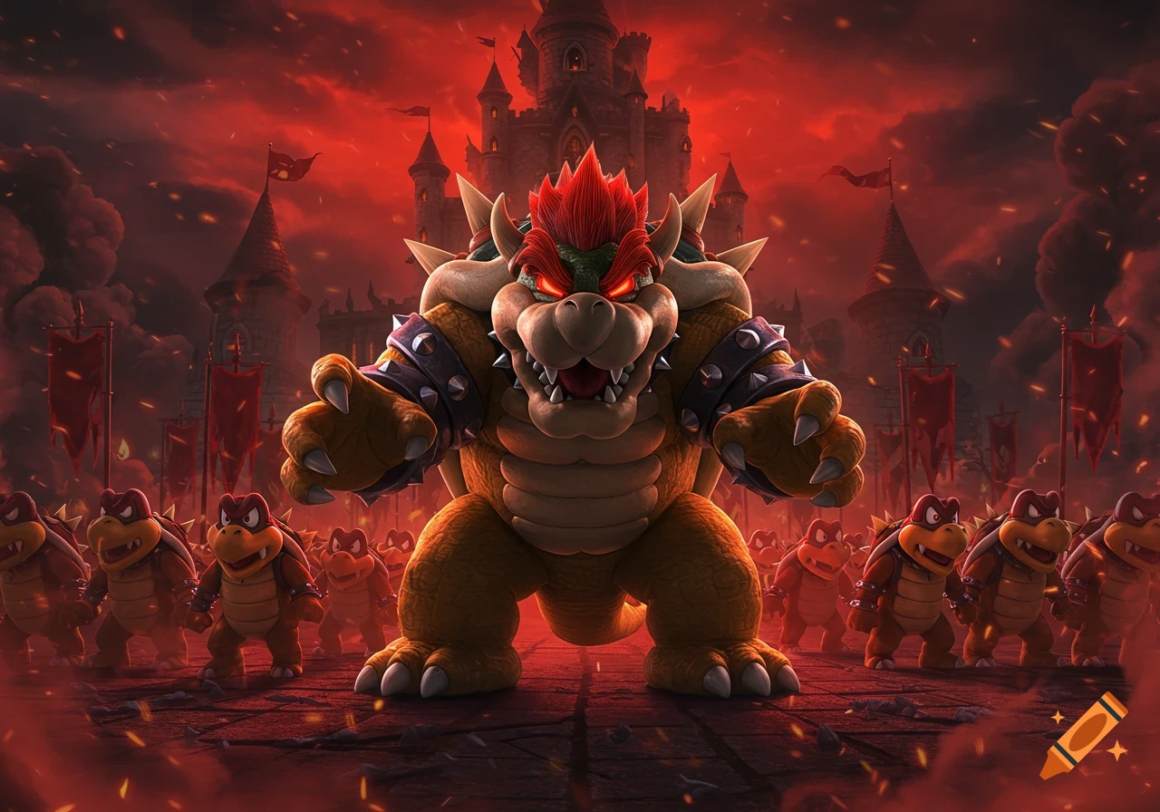 Menacing Bowser leads an army of Koopas in front of a dark castle under a fiery red sky, dramatic art style.