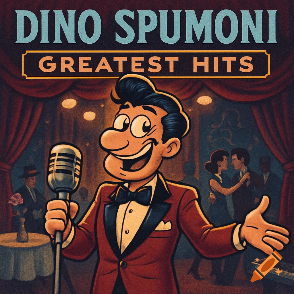 Retro cartoon album cover of a smiling man in a red tuxedo singing into a microphone, with 'Dino Spumoni Greatest Hits' text.