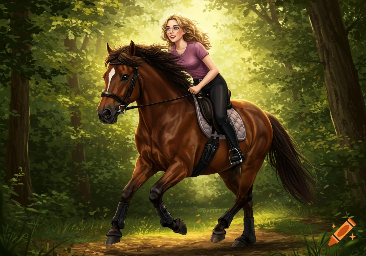 A young woman with blonde curly hair and glasses rides a brown horse through a sunlit forest path in a vibrant illustration.