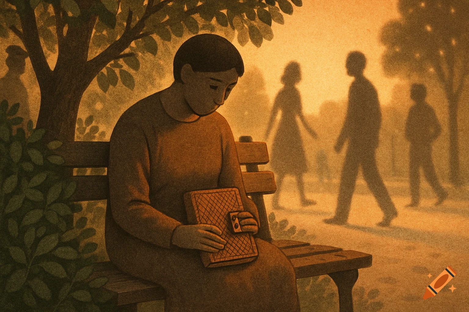 A melancholic stylized illustration of a person sitting alone on a park bench, looking down at an object, with blurry figures in the background.