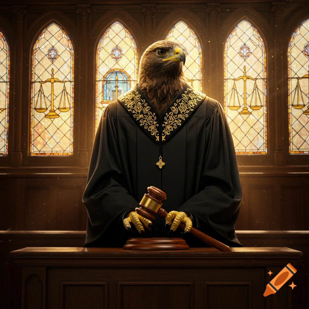 A serious anthropomorphic eagle in a judge's robe holds a gavel in a stately courtroom with stained glass windows.