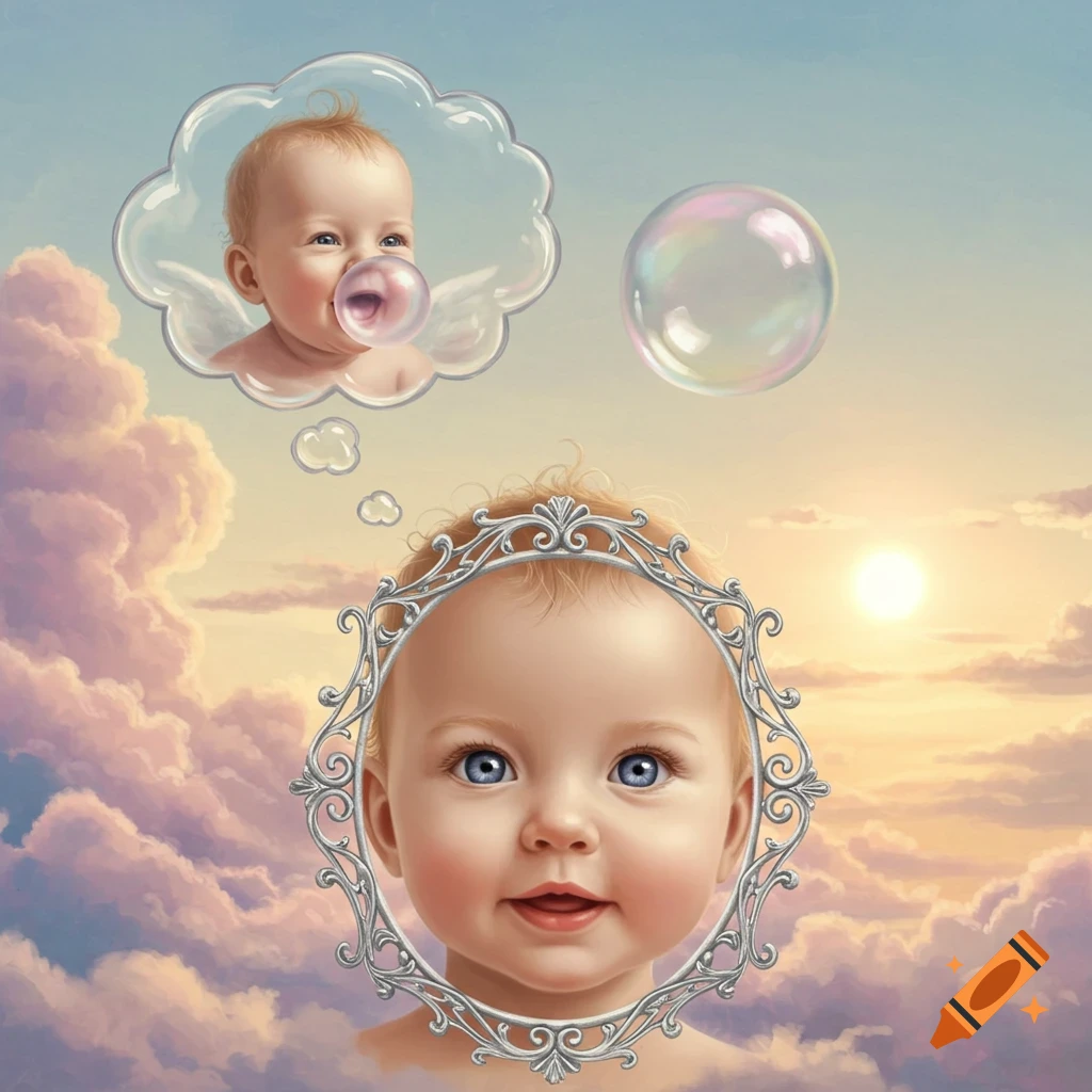 A whimsical illustration of a baby's head in a silver frame against a cloudy sunset, with a thought bubble of another baby blowing bubblegum.