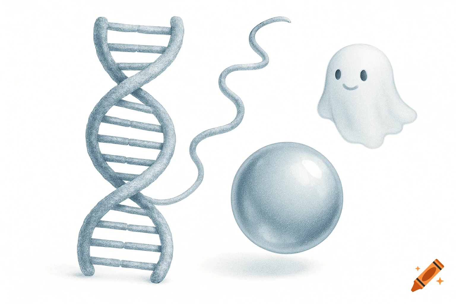An illustration of a grey DNA helix with one strand detached, a floating grey sphere, and a smiling white ghost emoji on a white background.
