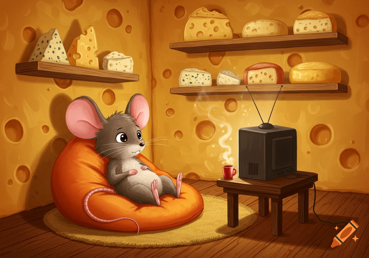 A cute cartoon mouse relaxes on an orange beanbag, watching an old TV in a cozy room with cheese walls and shelves filled with various cheeses.