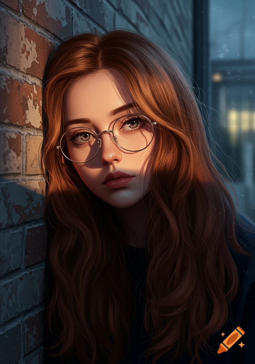 Digital art portrait of a girl with long wavy brown hair and round glasses, leaning against a brick wall with dramatic shadow.