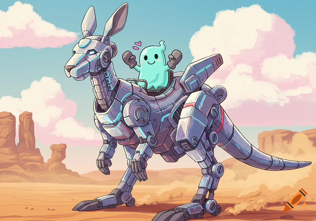 A cute teal cartoon ghost in grey gloves pilots a giant silver kangaroo mecha through a desert landscape.