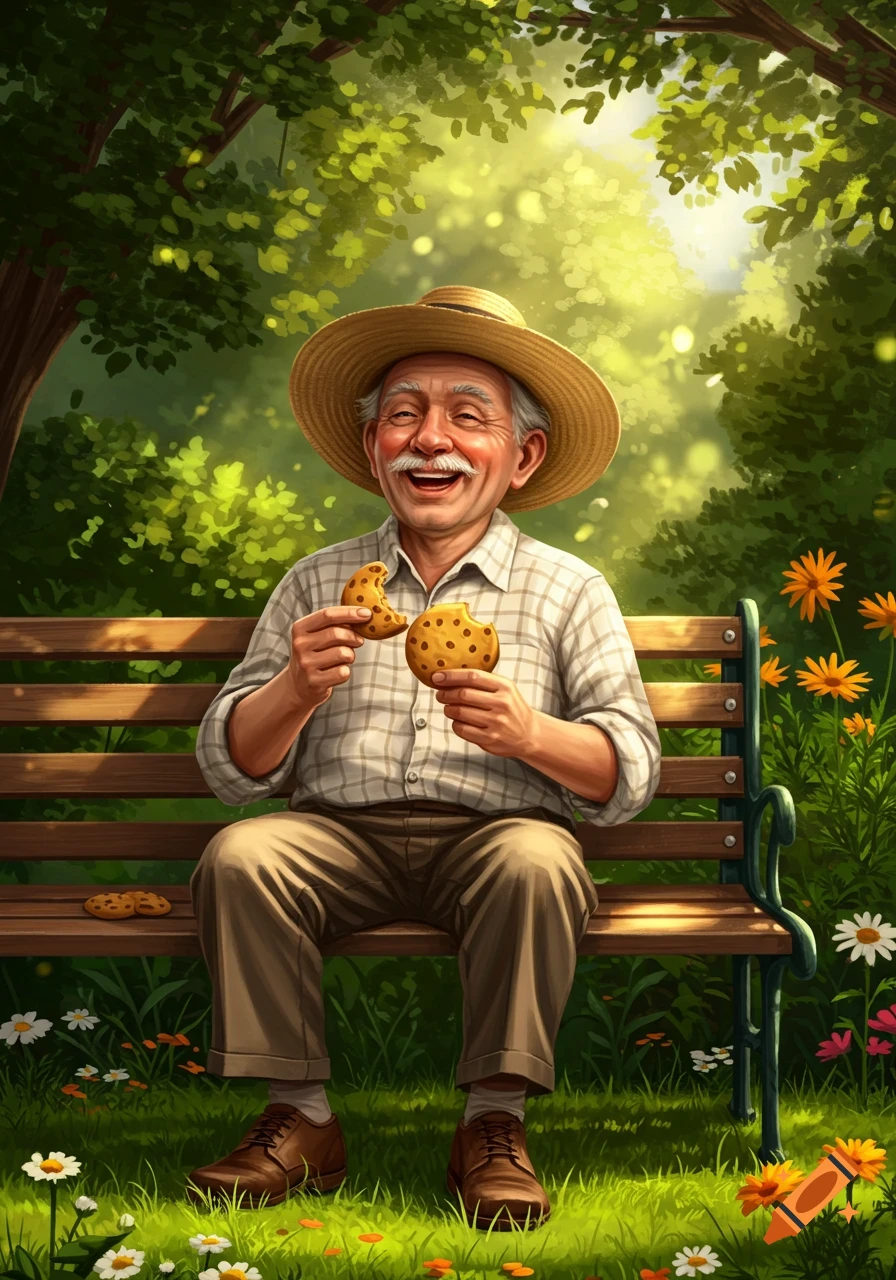 A cheerful old man in a straw hat sits on a park bench, happily eating cookies in a vibrant, illustrated style.