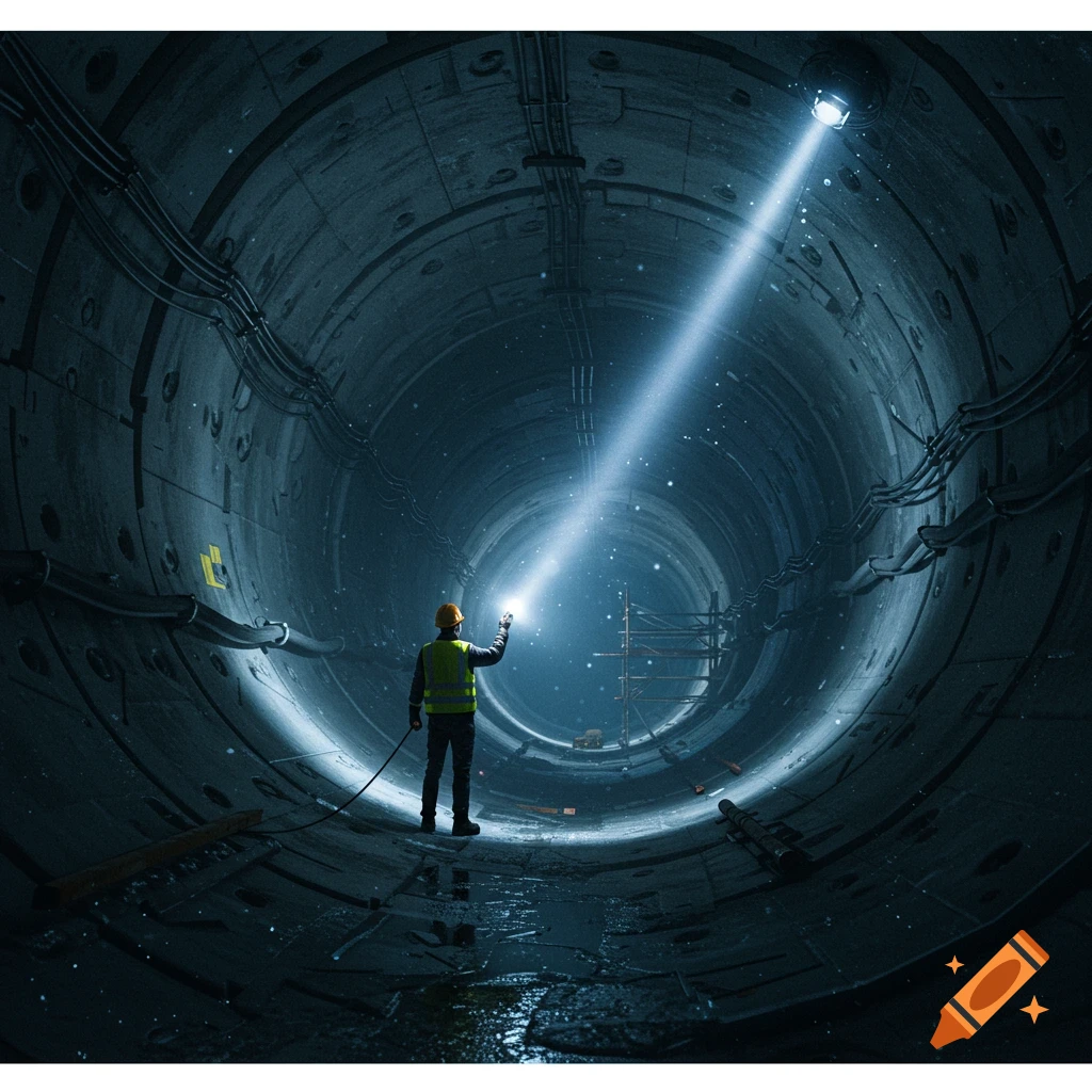 A lone worker with a flashlight inspects a vast, dark, circular tunnel, lit by a strong overhead beam.