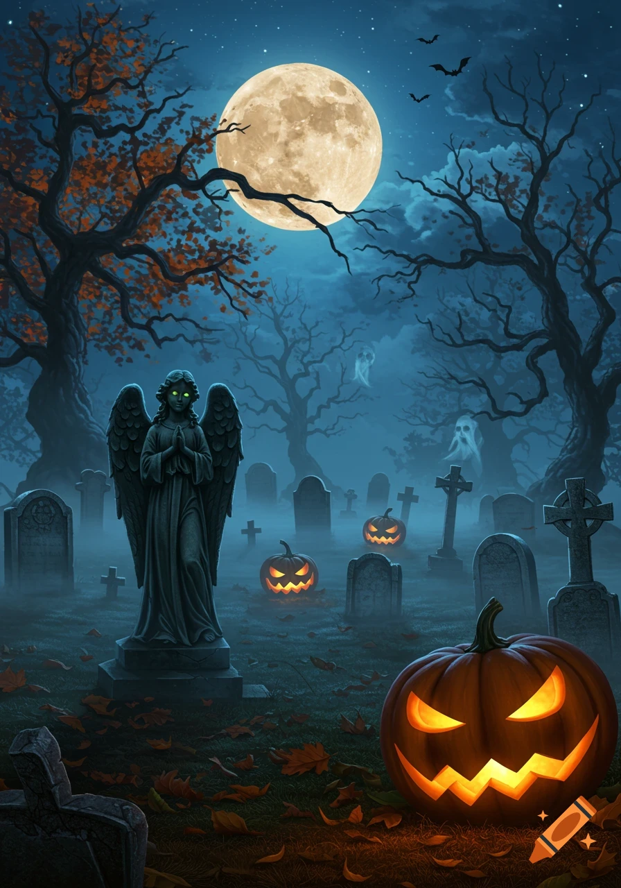 A full moon illuminates a misty Halloween graveyard with an angel statue, spooky trees, bats, and glowing jack-o'-lanterns.