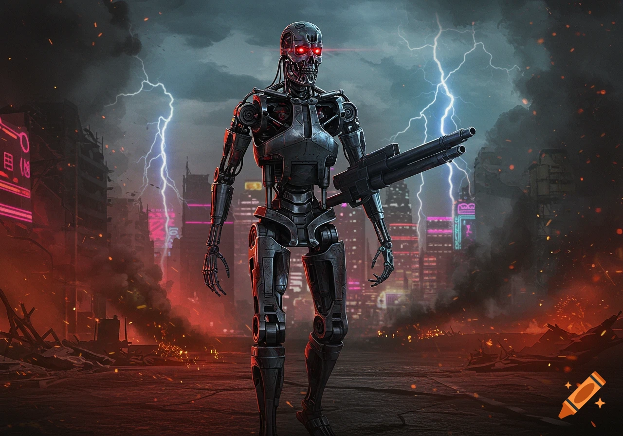 A metallic, skeletal robot with glowing red eyes holds a large weapon in a destroyed, stormy city with neon lights and lightning.