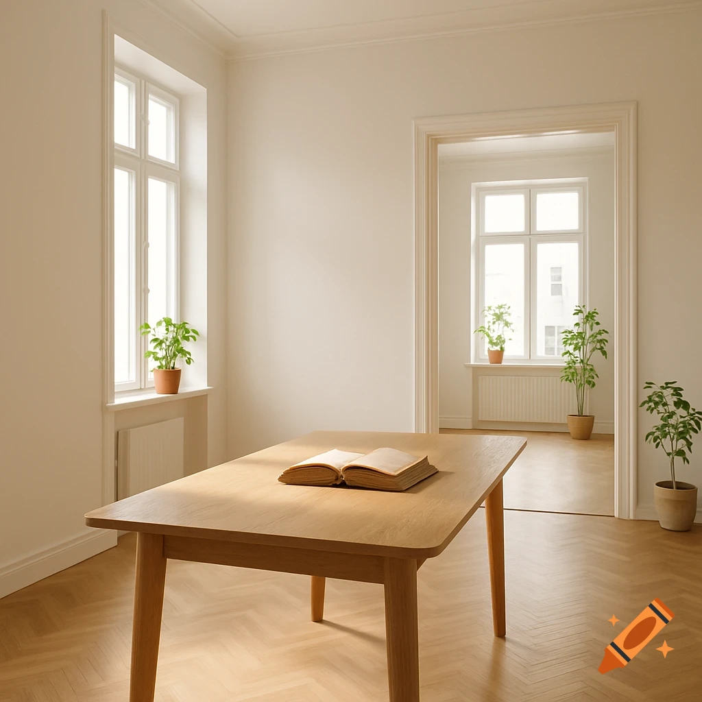 A bright, minimalist Swedish flat interior with a wooden table, an open book, and potted plants by the windows.