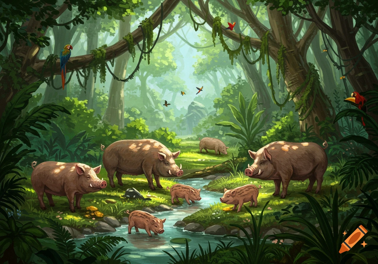 An illustration of several pigs and piglets in a vibrant jungle with a stream, lush foliage, and colorful birds.