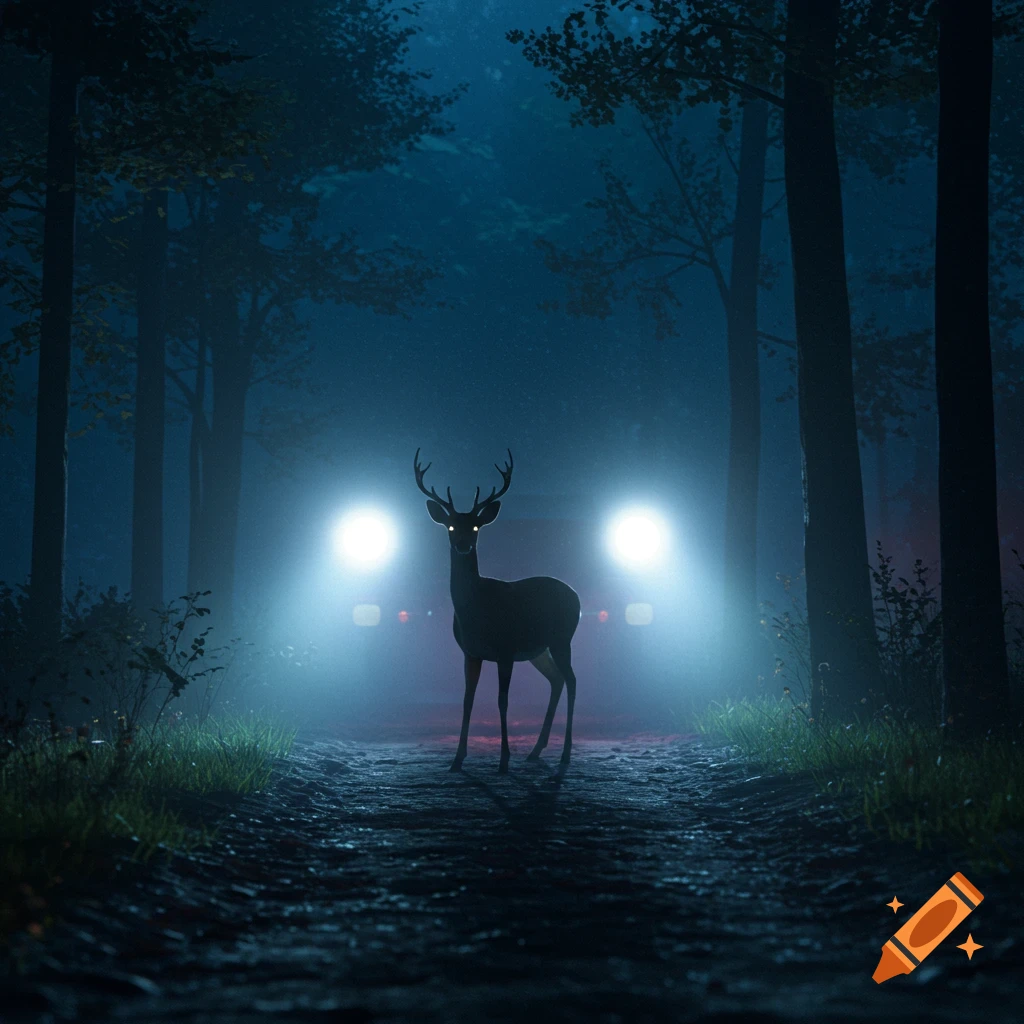 A deer with glowing eyes stands in the misty night forest, silhouetted by the bright headlights of a car.
