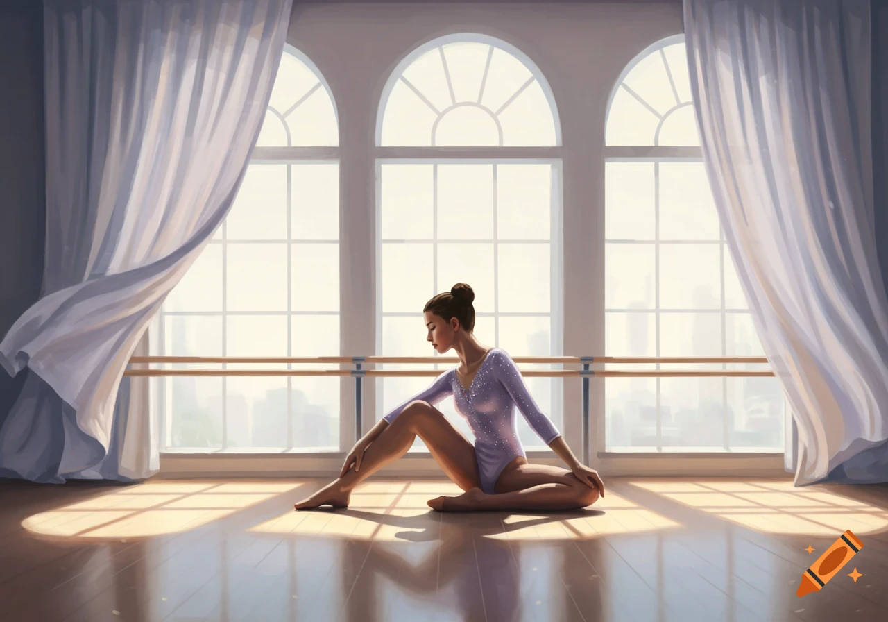 Woman in a purple leotard sits on a shiny wooden floor in a sunlit ballet studio with large arched windows.