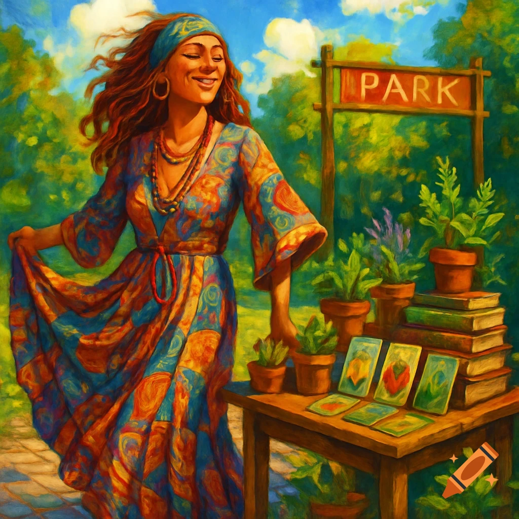 A smiling woman in a vibrant hippy dress by a park sign and a table with potted plants and books, painterly style.