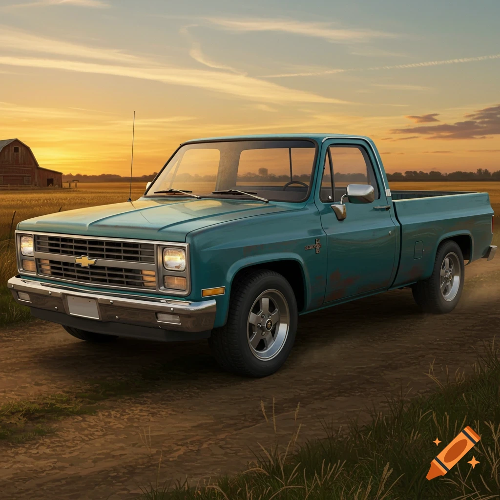 A vintage teal Chevrolet pickup truck on a dirt road, with a barn and sunset in a rural landscape.