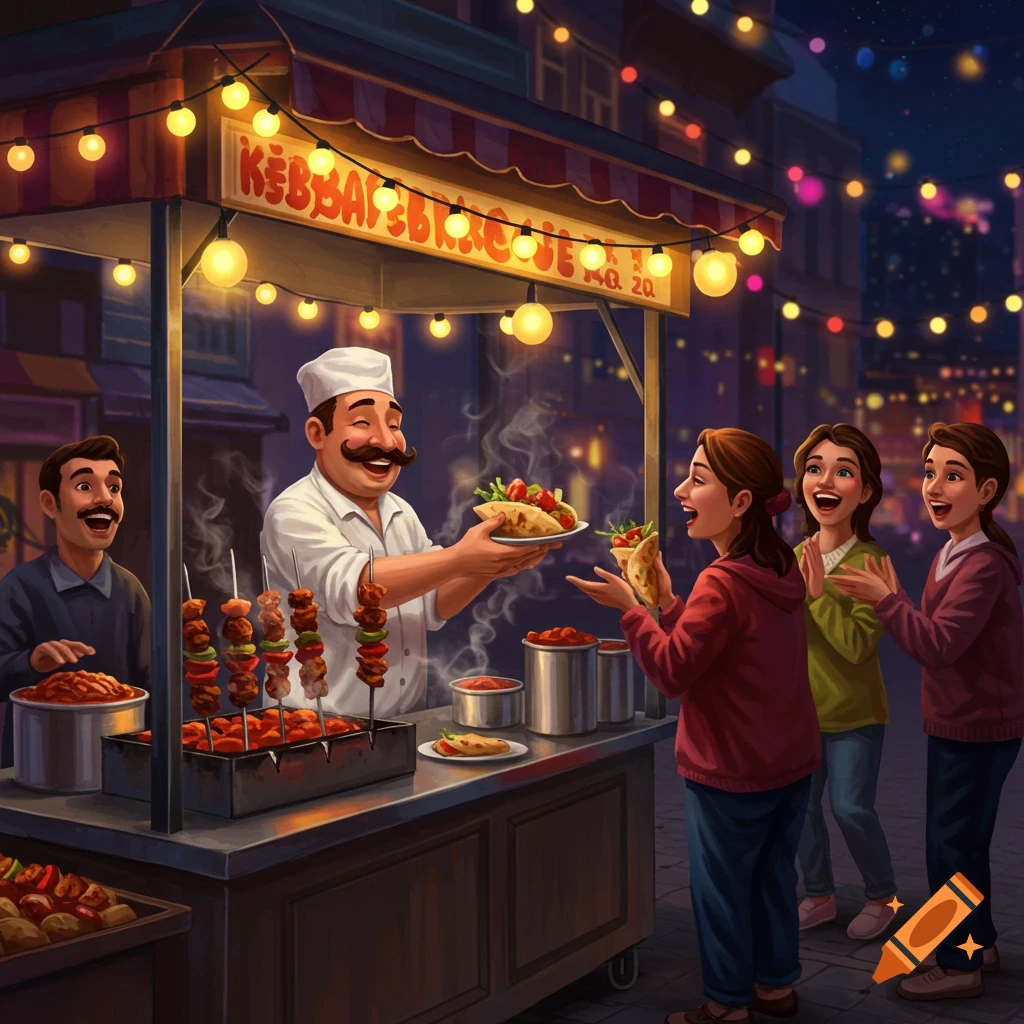 An illustration of a smiling chef at a bustling street kebab stall at night, serving customers under string lights.