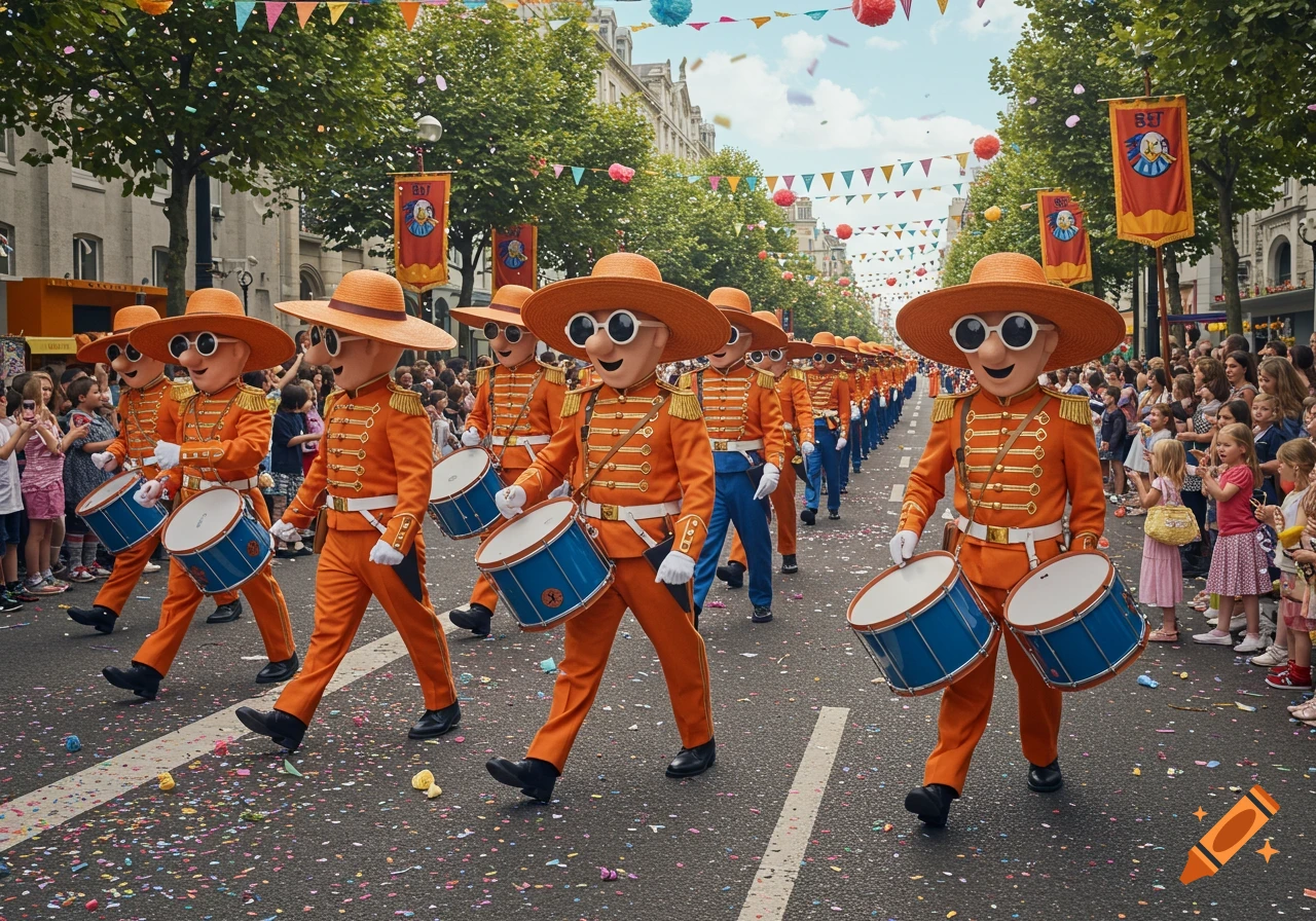 A vibrant street parade with people in orange, Blippi-like costumes, large hats, and round glasses, playing drums amidst confetti.