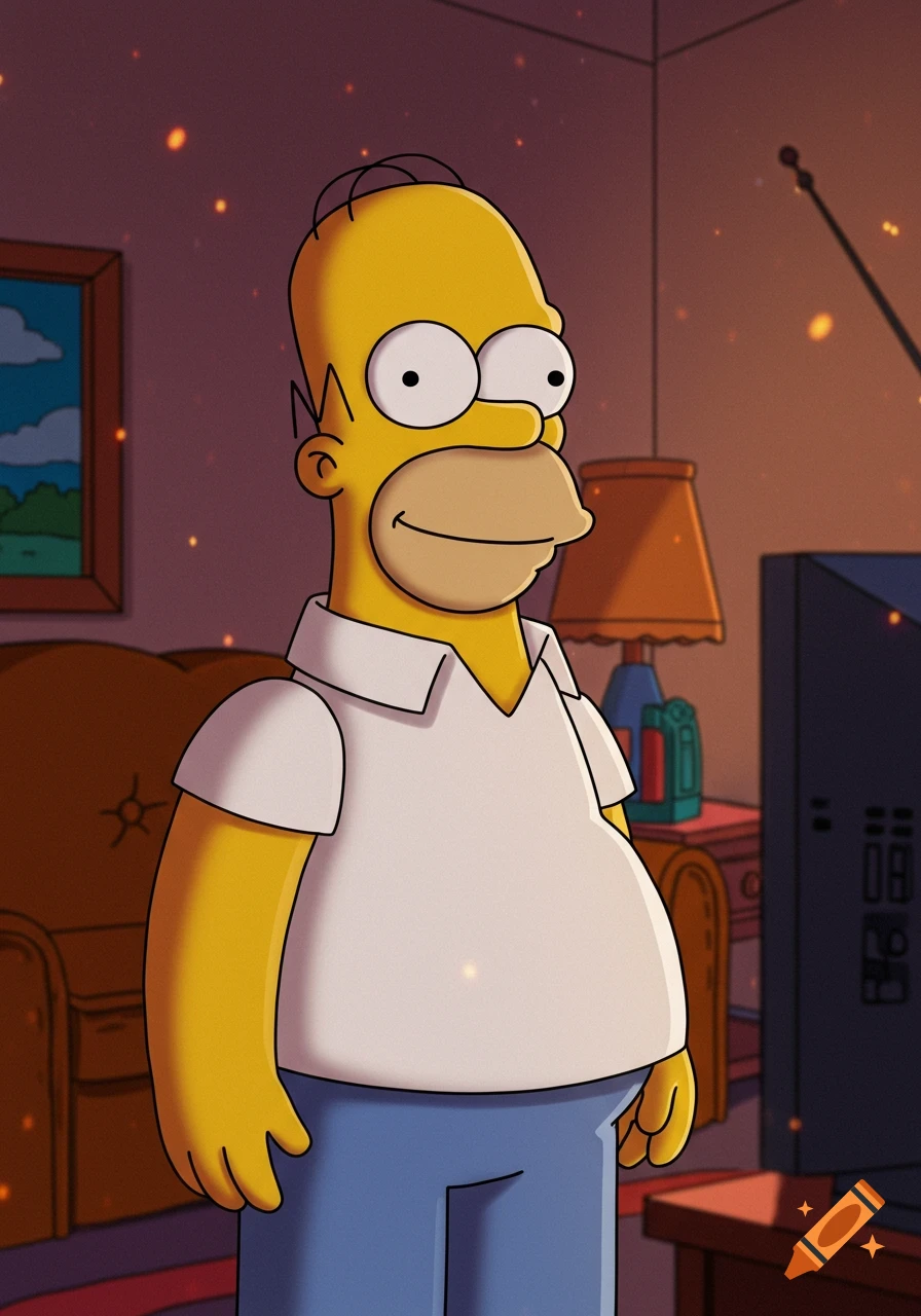 Cartoon drawing of Homer Simpson in a white polo shirt, standing and smiling in a dimly lit room.