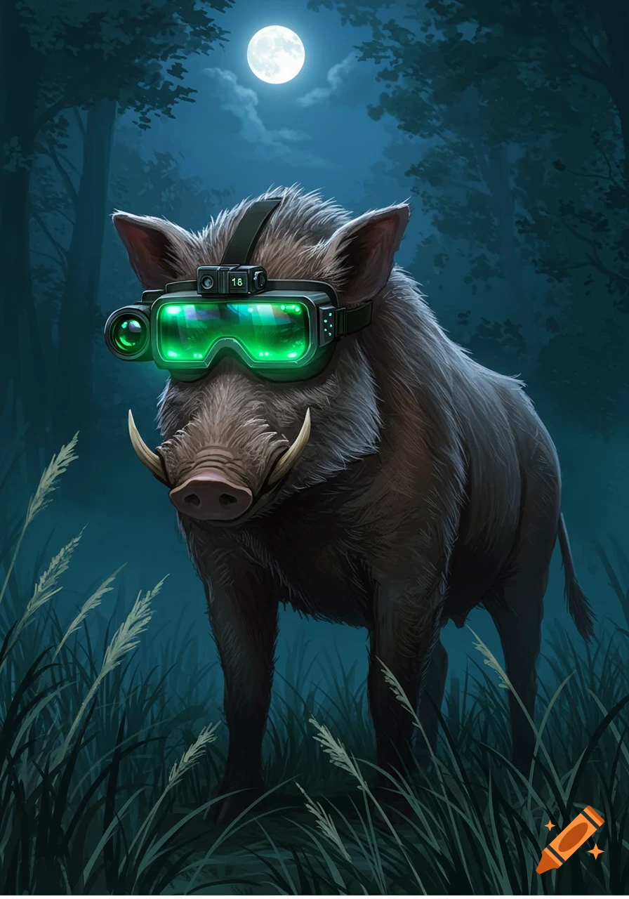 An illustrated wild boar wearing glowing green night vision goggles in a dark forest under a full moon.
