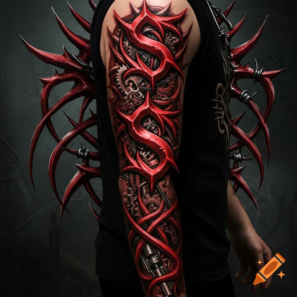 Upper arm tattoo featuring a vibrant red, spiky Slipknot 'S' symbol intertwined with gears and mechanical designs.