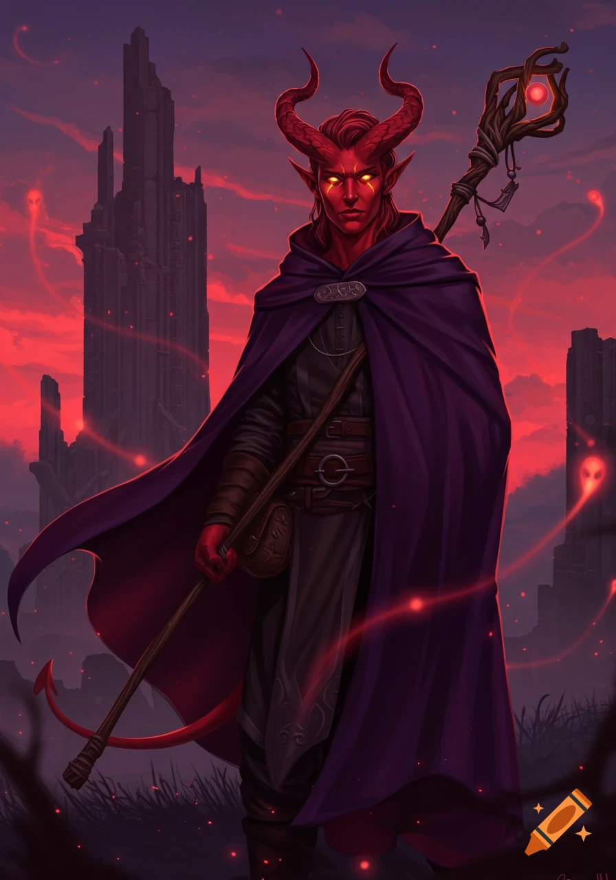 Red-skinned tiefling sorcerer in a purple cloak with a staff, horns, and glowing eyes, before a red sky and dark ruins. Digital art.