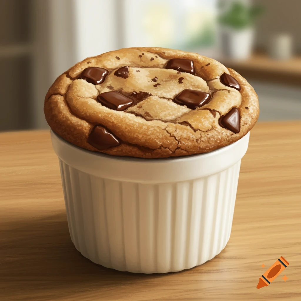 A close-up of a large chocolate chip cookie baked in a white fluted pudding cup on a wooden table.