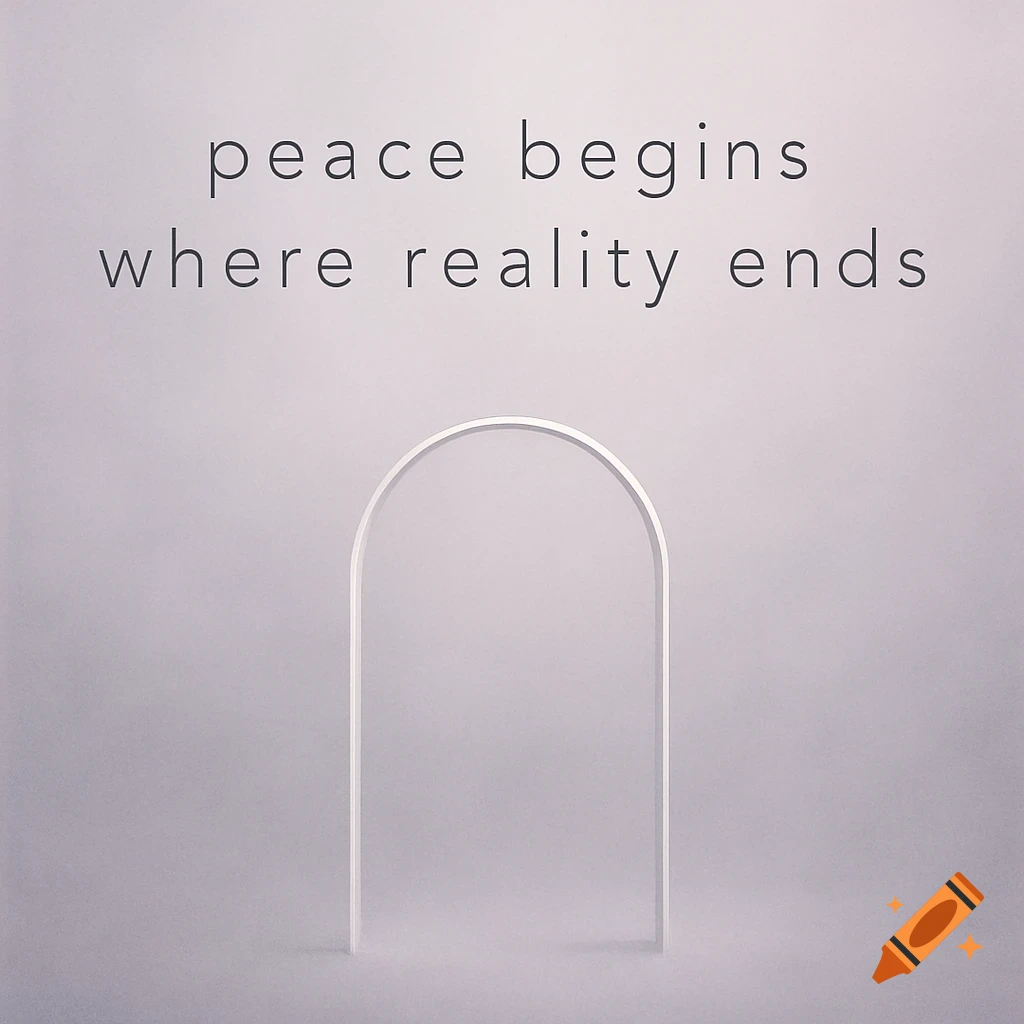 Minimalist poster with the text "peace begins where reality ends" above a white arched doorway, on a soft lavender and gray background.