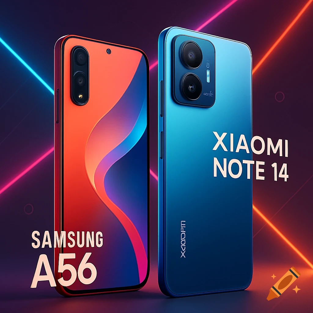 Two smartphones, a red Samsung A56 and a blue Xiaomi Note 14, standing upright with vibrant neon light background.