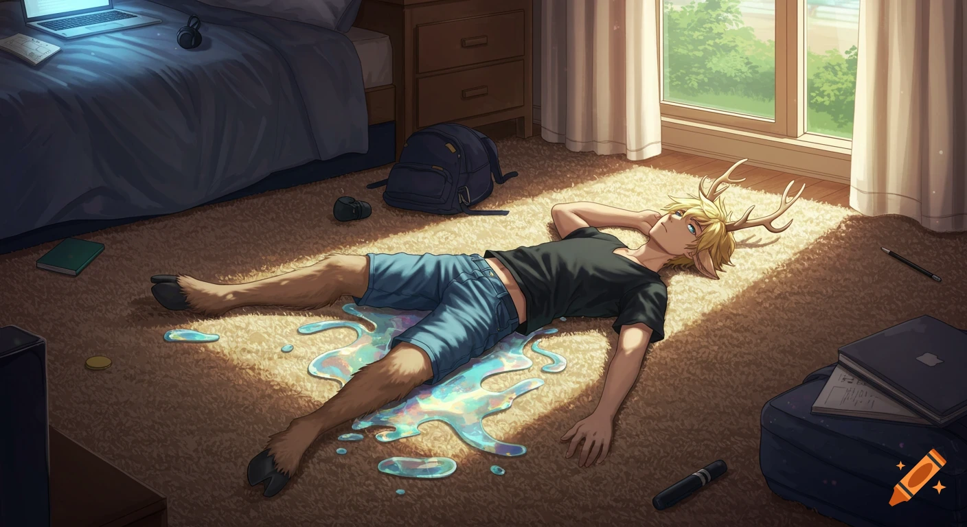 An anime-style blond satyr with antlers and hooves lies on a sunny bedroom floor, melting into a colorful puddle, with a bed and backpack nearby.