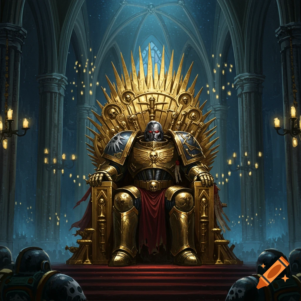 The Emperor of Mankind in golden armor sits on the ornate Golden Throne in a gothic cathedral, flanked by Space Marines, in a Warhammer 40k illustration.