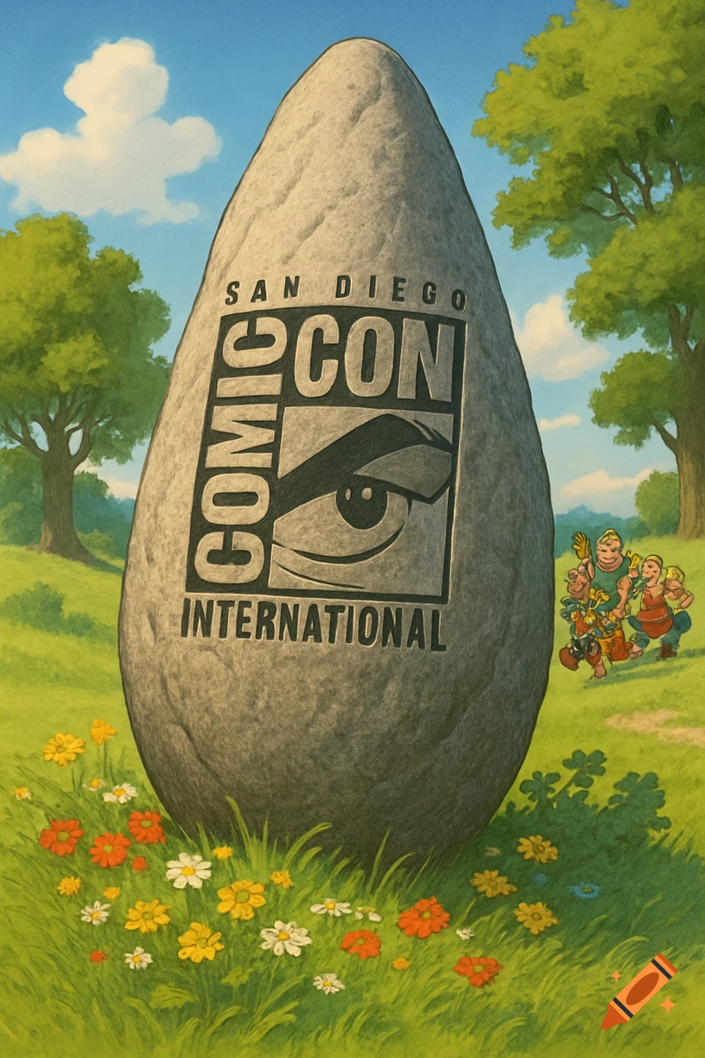 A cartoon illustration of a large stone menhir with the San Diego Comic-Con logo, surrounded by grass, flowers, and trees, with cartoon characters walking on the right.