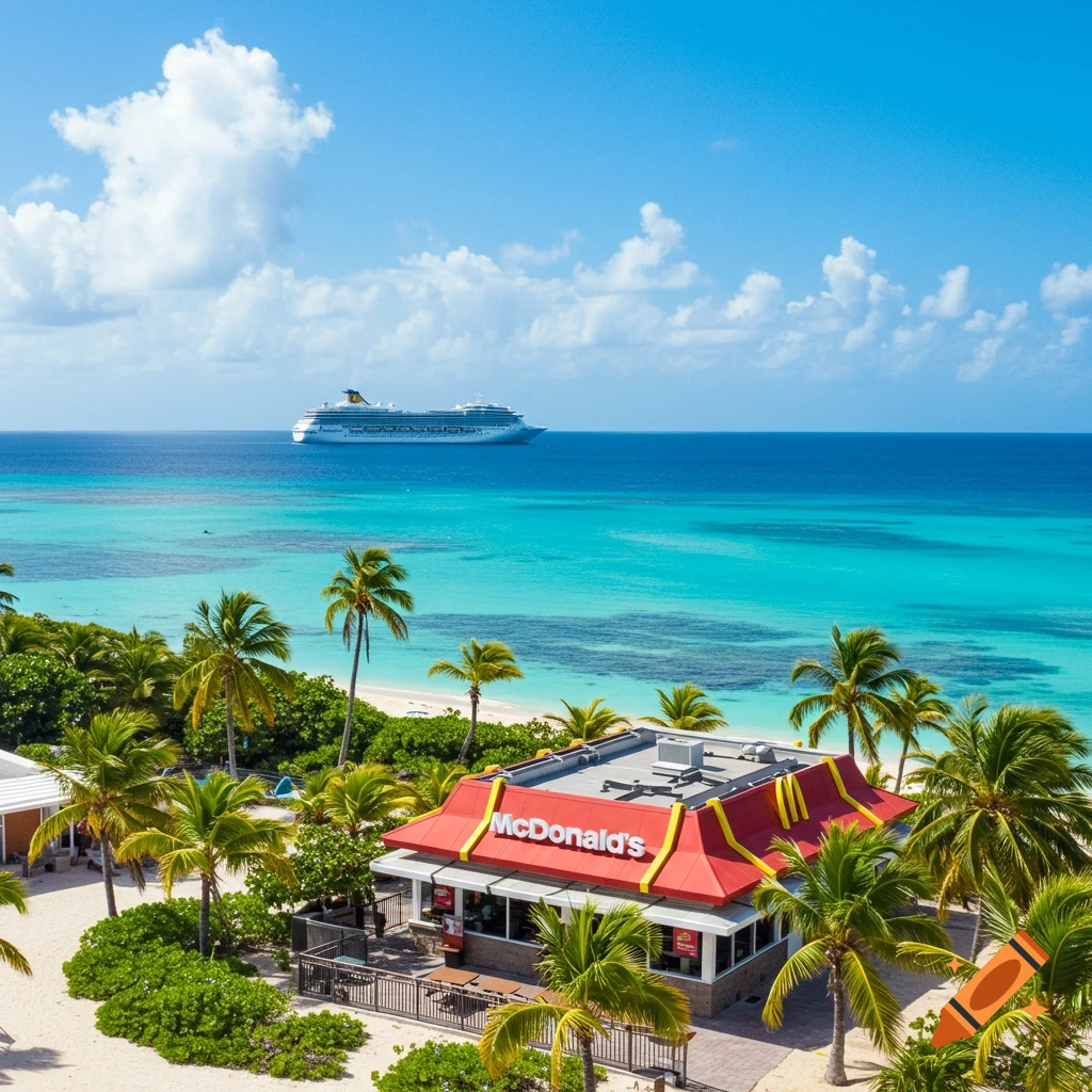Photorealistic aerial view of a McDonald's restaurant on a white sand tropical island with palm trees and a cruise ship at sea.