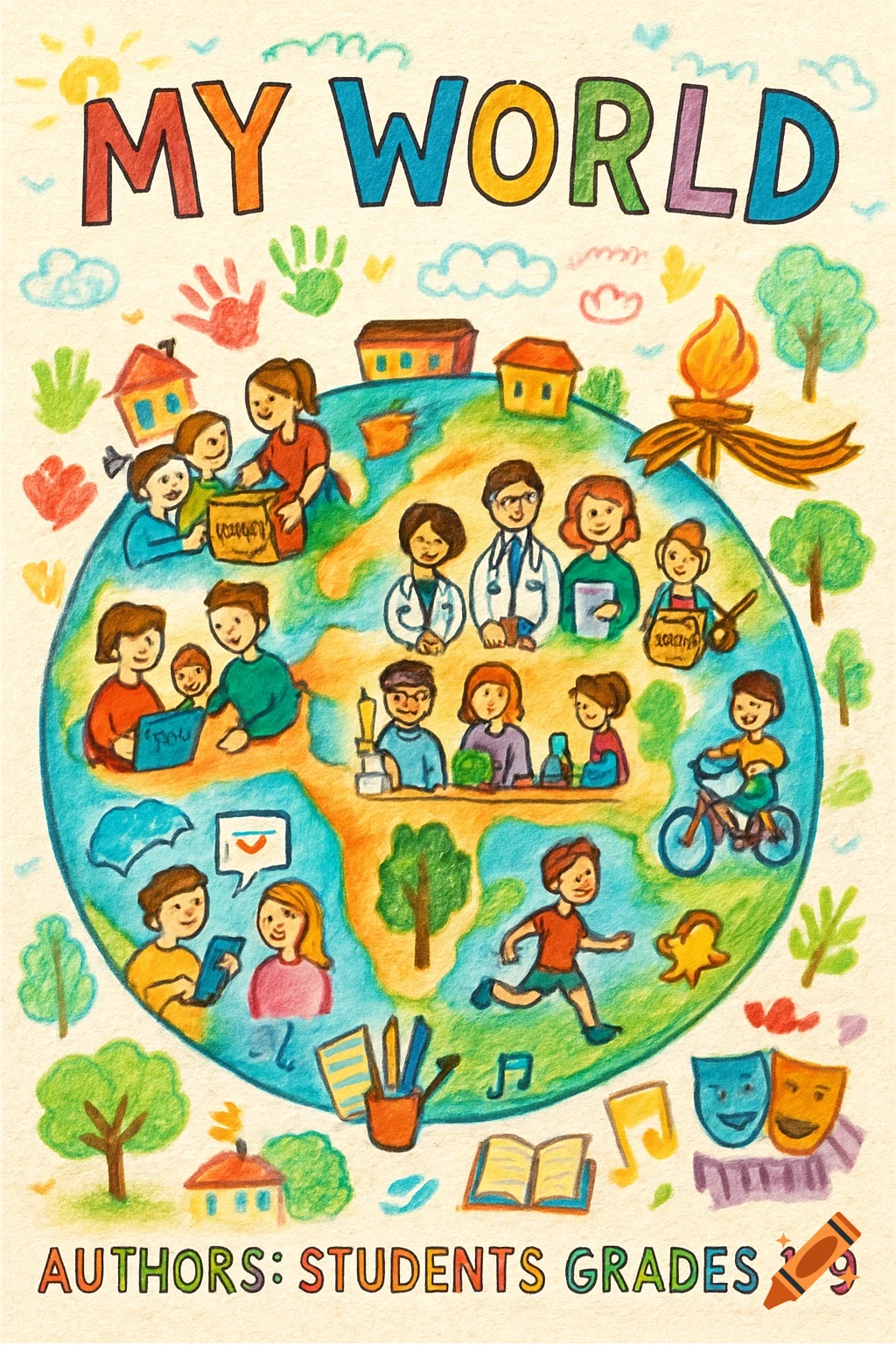 A colorful, crayon-style illustration of a globe with various scenes of children and adults representing education, professions, community, and activities, titled "MY WORLD" and "AUTHORS: STUDENTS GRADES 1-9".
