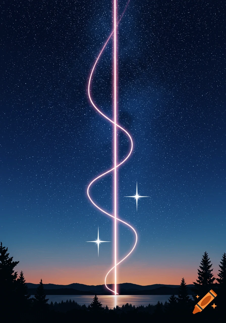 A bright pink light beam spirals through a starry night sky above a calm lake and silhouetted forest.