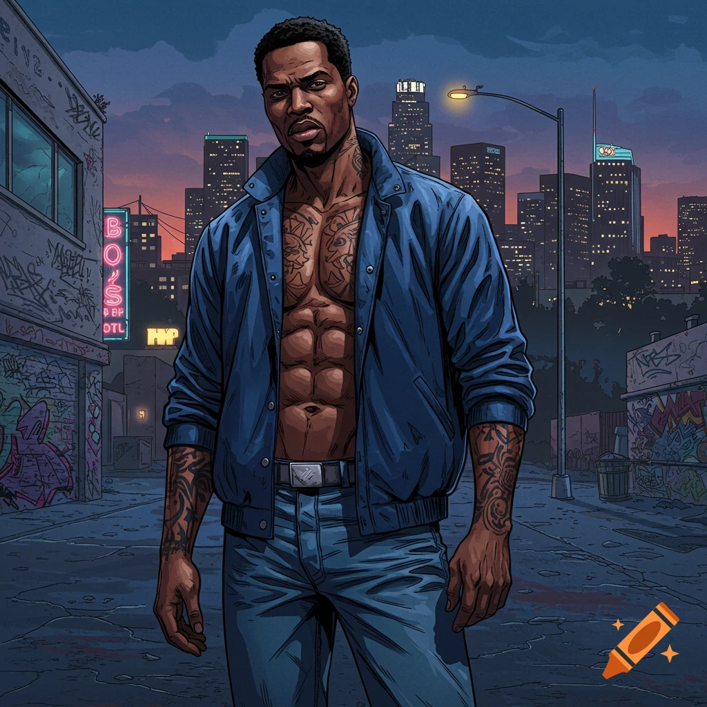 Gritty comic book illustration of a muscular Black man with tattoos, wearing an open blue jacket, standing in an urban alley at dusk with a city skyline.